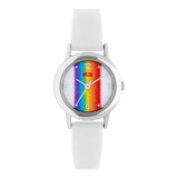 K3 Kinder-Armbanduhr Regenbogen mit Kautschuk-Armband weiß