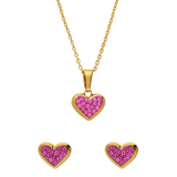 Zilveren goldplated kinderset hart met roze kristal