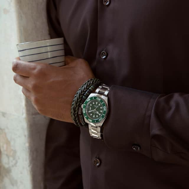 Stalen herenarmband gevlochten leer donker groen