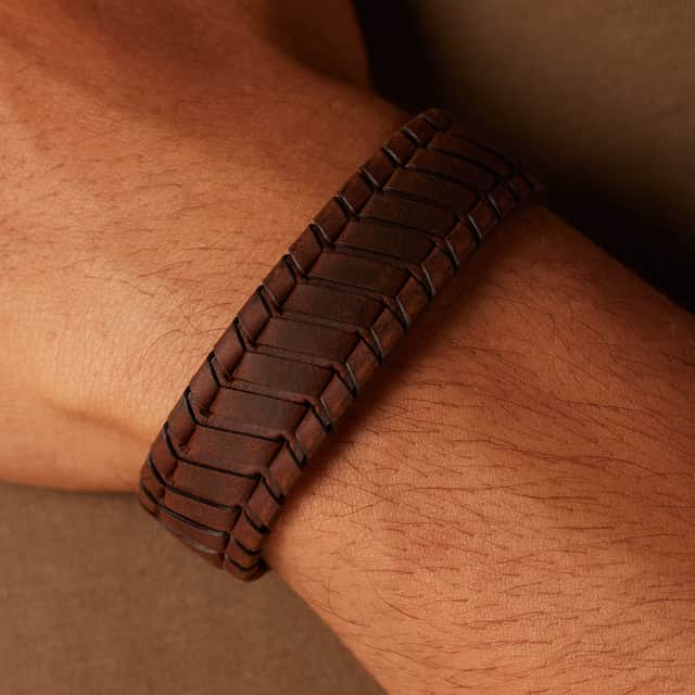 Stalen herenarmband donker bruin leer