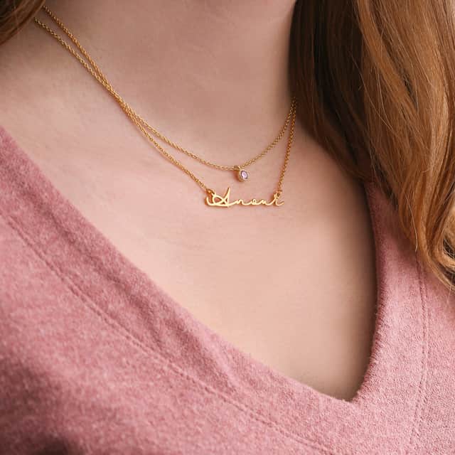 Zilveren naamketting goldplated signature voor dames