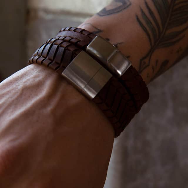 Stalen herenarmband leer donker bruin 12mm