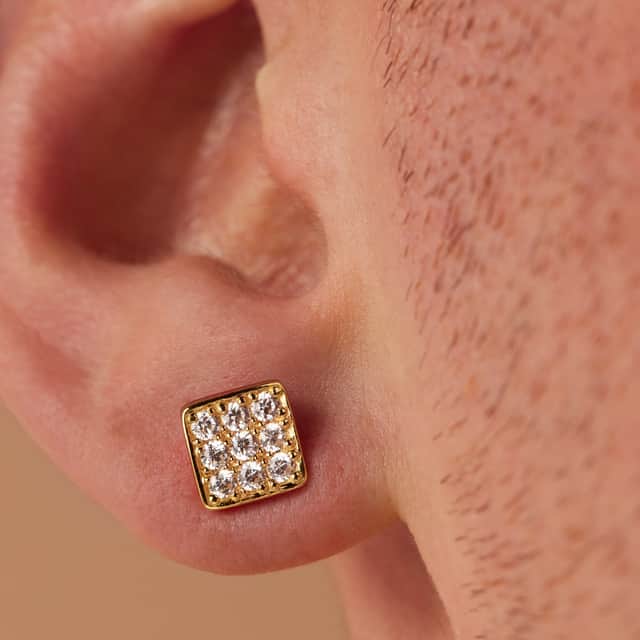 Zilveren goldplated oorknoppen zirkonia vierkant 8mm voor heren