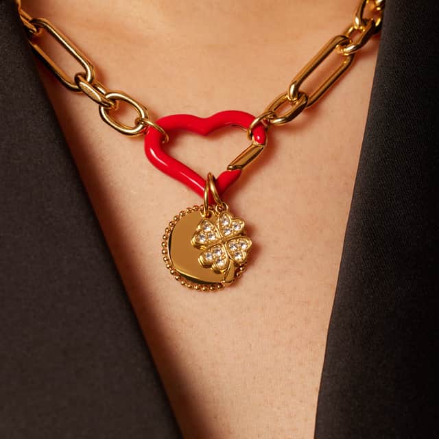 Stainless steel goldplated bedel sluiting hart rood emaille