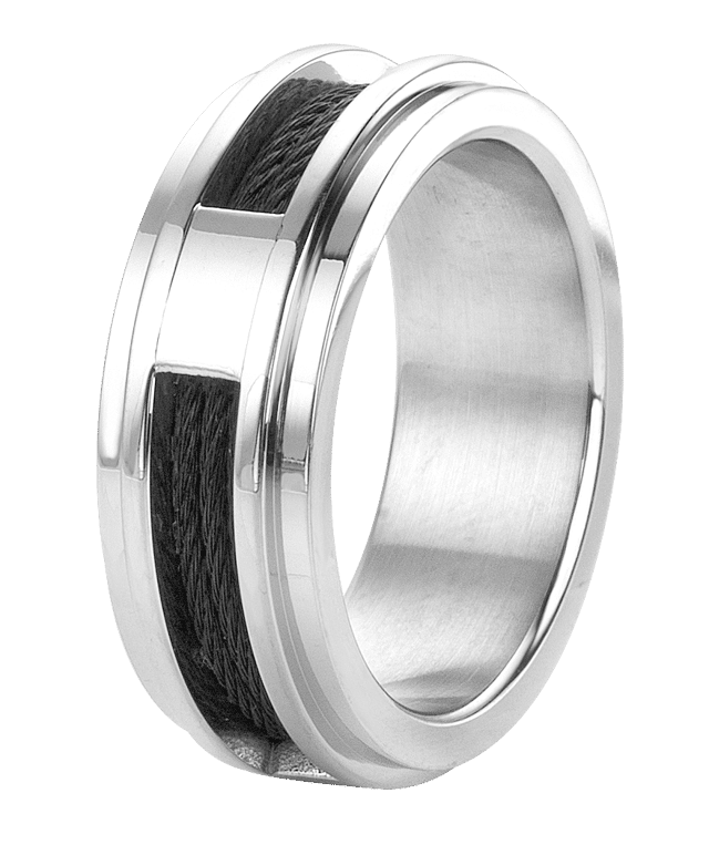 Gerecycleerd stainless steel herenring met zwarte kabel