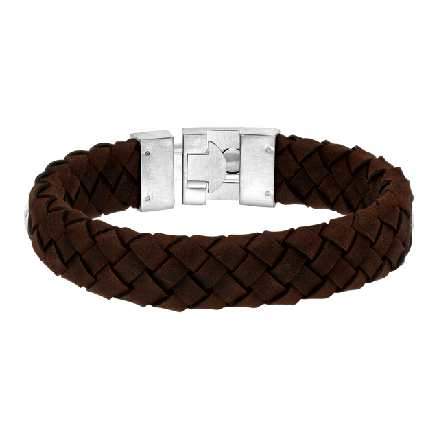 Stalen herenarmband gevlochten leer donkerbruin