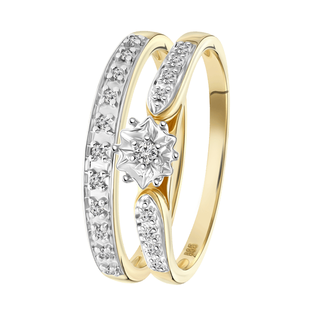 14K geelgouden dubbele ring 20 diamanten 0,10ct