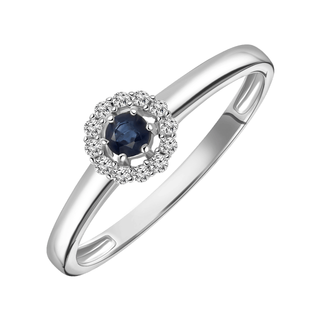 14K Witgouden ring saffier en 12 diamanten 0.08ct