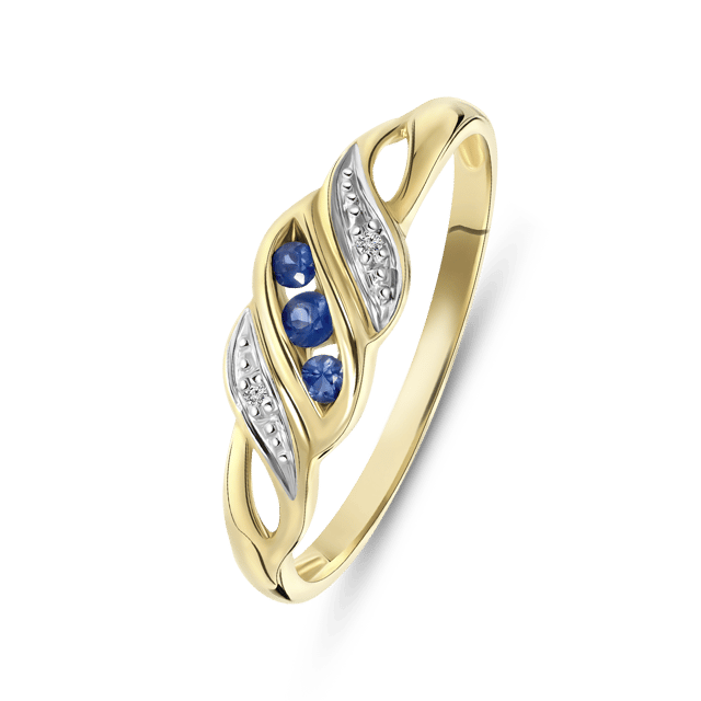 14K geelgouden ring met saffier en diamant 0,11ct