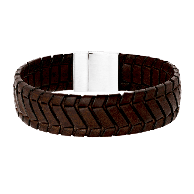 Stalen herenarmband donker bruin leer