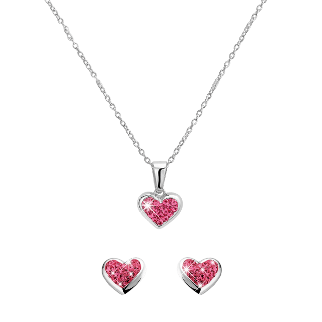 Zilveren kinderset hart met roze kristal