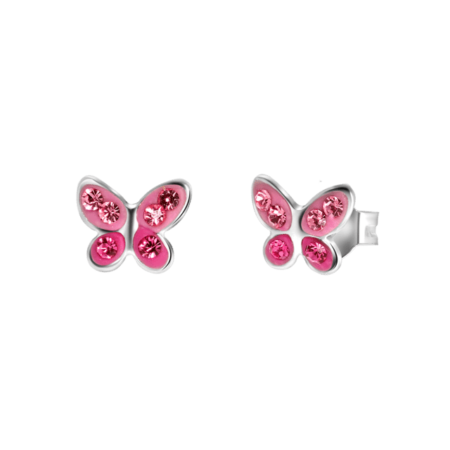 Zilveren kinderoorbellen vlinder roze kristal