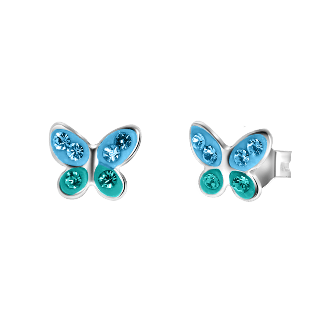Zilveren kinderoorbellen vlinder blauw kristal