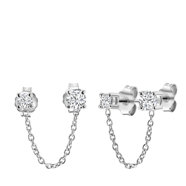 Zilveren oorknoppen dubbel met zirkonia ketting voor dames