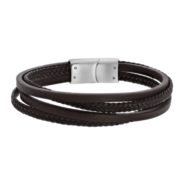 Stalen herenarmband bruin gevlochten leer