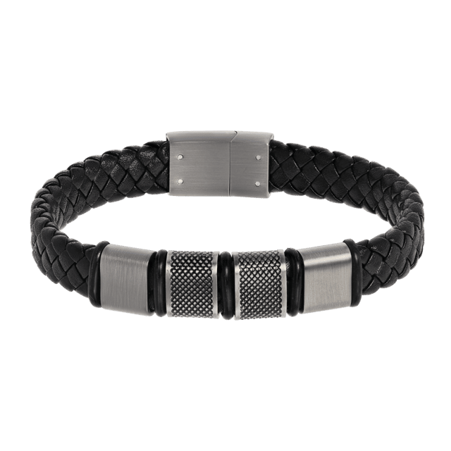 Stalen herenarmband met gevlochten zwart leer