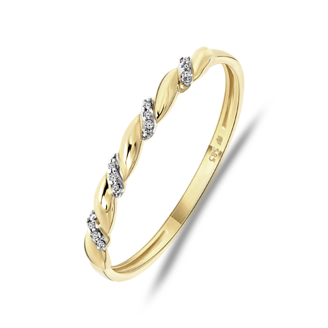 14K geelgouden ring met 12 diamanten 0,015ct slag.