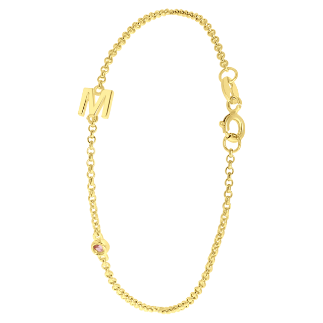 Zilveren goldplated armband letter+geboortesteen