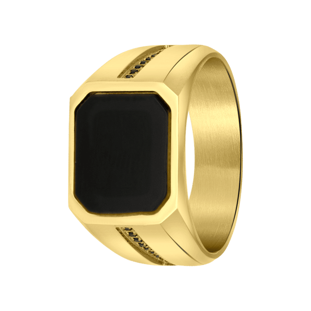Gerecycleerd stainless steel goldplated heren zegelring zwart