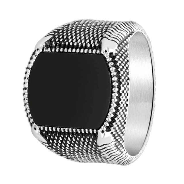 Gerecycleerd stainless steel heren zegelring zwart agaat