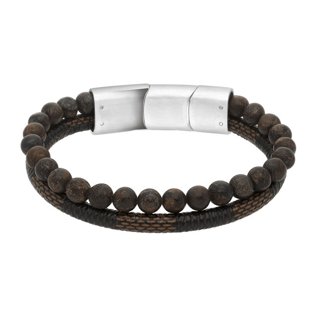 Stalen herenarmband leer en steen bruin
