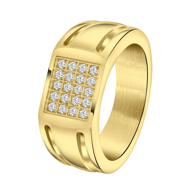 Gerecycleerd stainless steel goldplated heren zegelring met zirkonia