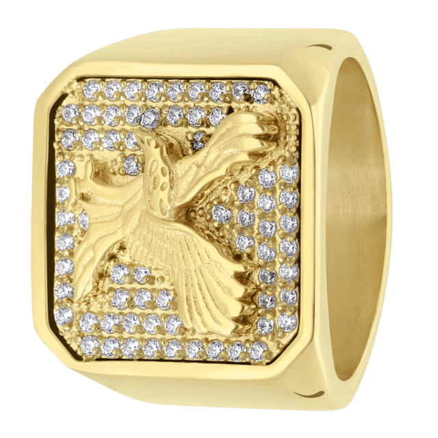 Gerecycleerd stainless steel goldplated zegelring adelaar met zirkonia