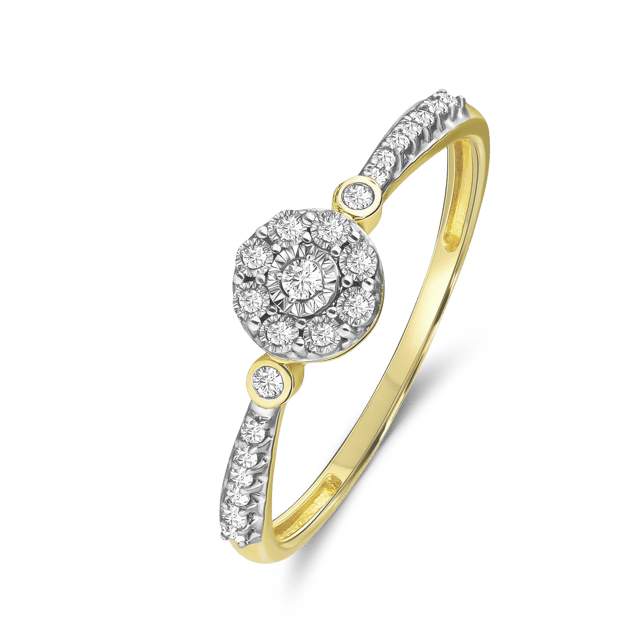 14 karaat geelgouden entourage ring 23 diamanten 0,10ct