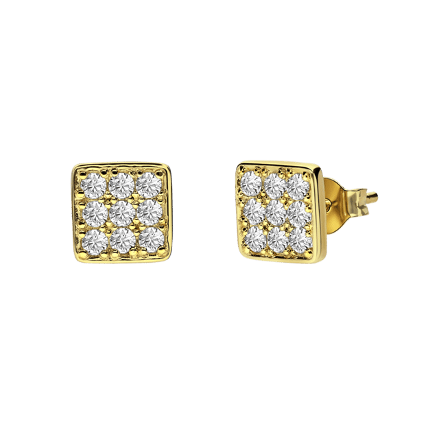 Zilveren goldplated oorknoppen zirkonia vierkant 8mm voor heren
