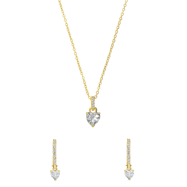 Zilveren goldplated sieradenset ketting en oorringen hart zirkonia