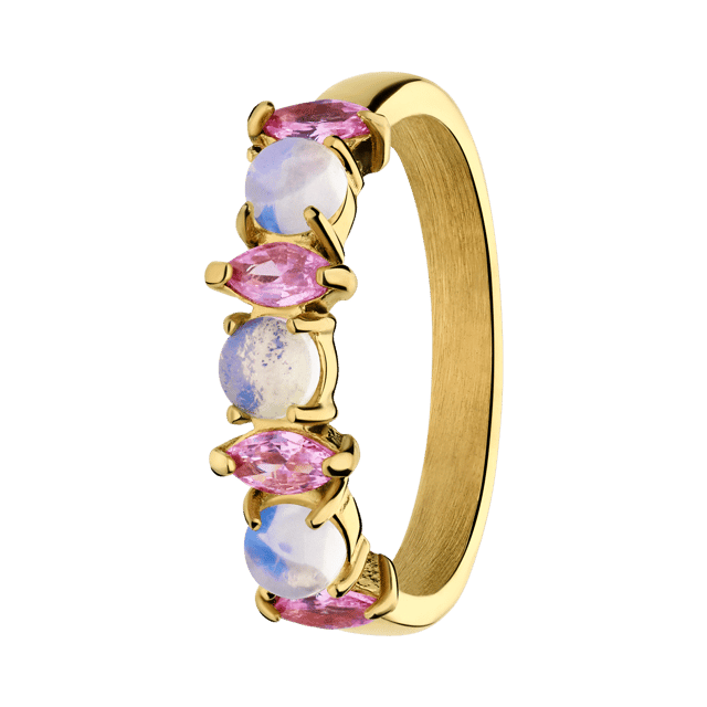 Stainless steel goldplated vintage ring met opaal en roze