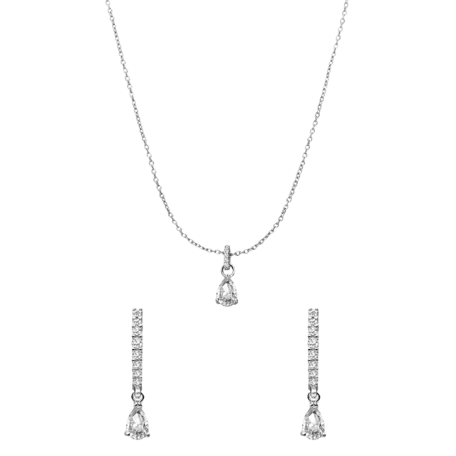 Zilveren set ketting en oorringen druppel zirkonia