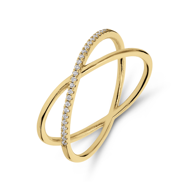 Zilveren goldplated ring gekruist met zirkonia