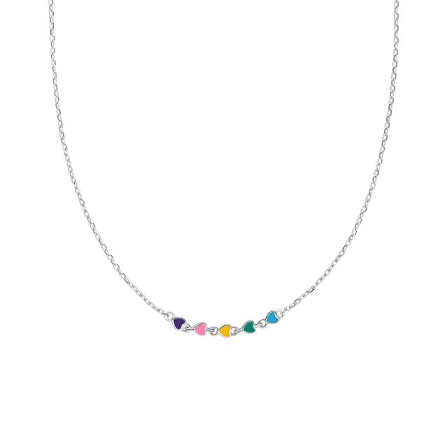 Zilveren ketting gekleurde emaille hartjes