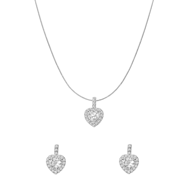 Zilveren set ketting en oorbellen hart