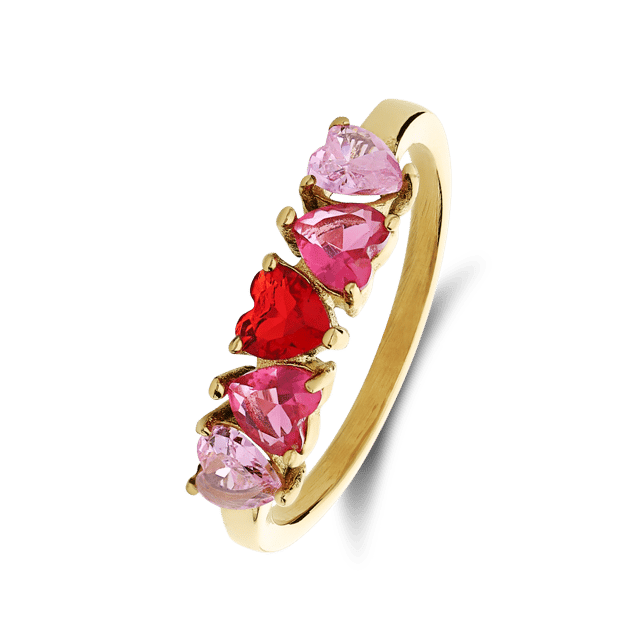 Stainless steel goldplated ring met rood zirkonia hart
