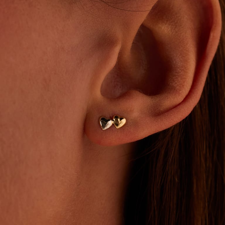 Zweifarbige Ohrringe, 585 Gold, Doppel-Herz