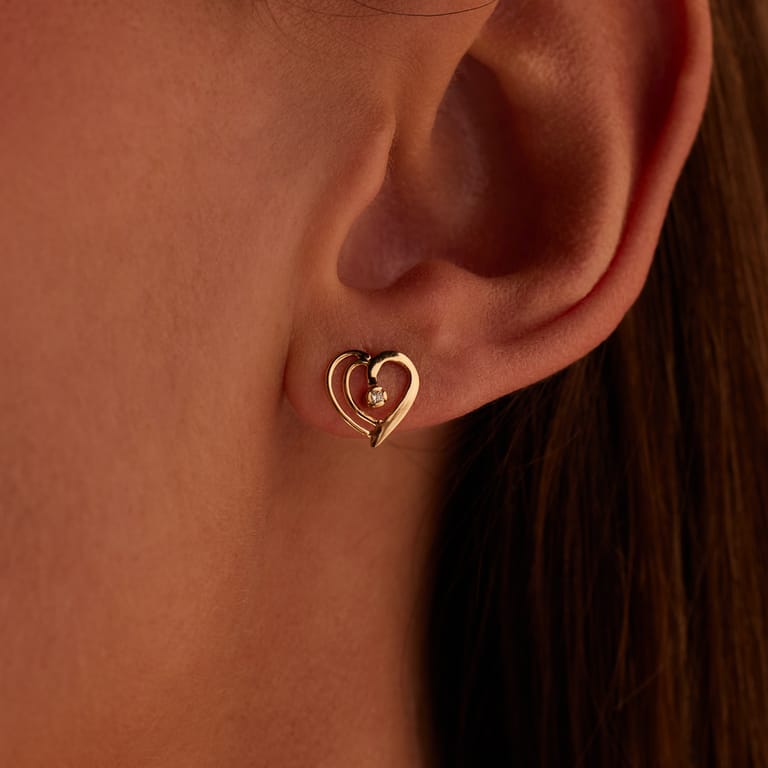 Diamond Luxury 14 karaat geelgouden oorknoppen hart met diamant 0,03ct voor dames