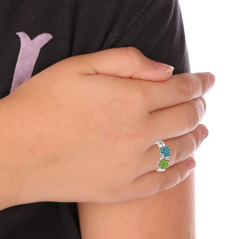 Stainless steel kinderring hart/bloem aqua&groen kristal