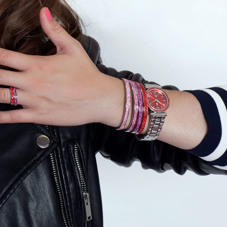 Gerecycleerd stalen kinderarmband fuchsia kristal