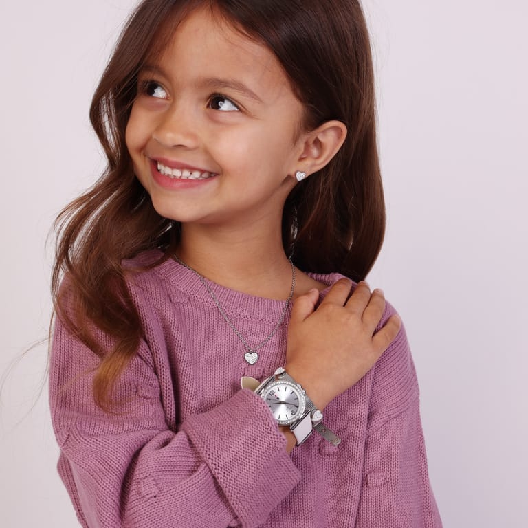 Little Miss Fabulous gerecycled stalen kinderketting hart met wit kristal