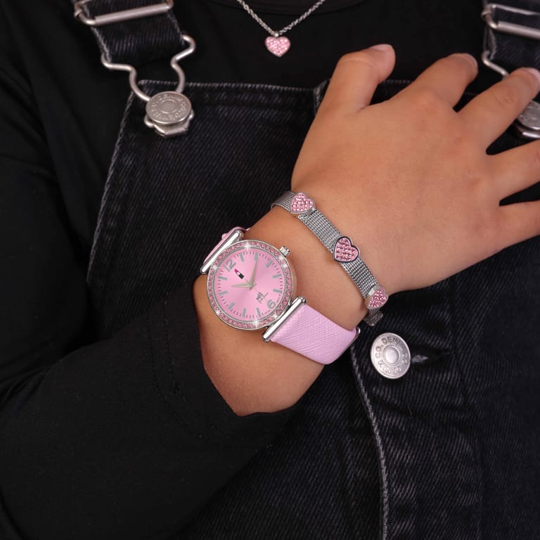 Gerecycled stainless steel kinderarmband hart met light pink kristal