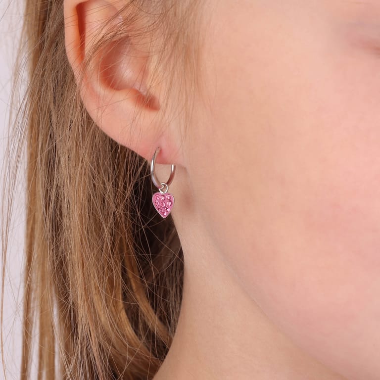 Zilveren kinderoorbellen hart met rose kristal