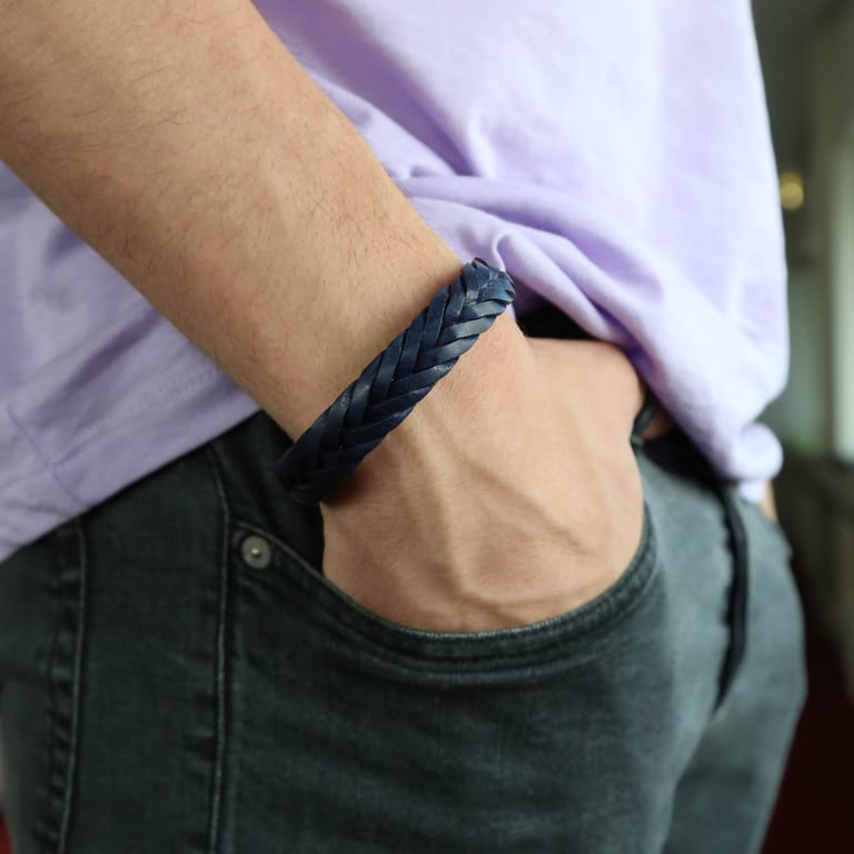 Stalen herenarmband gevlochten leer blauw