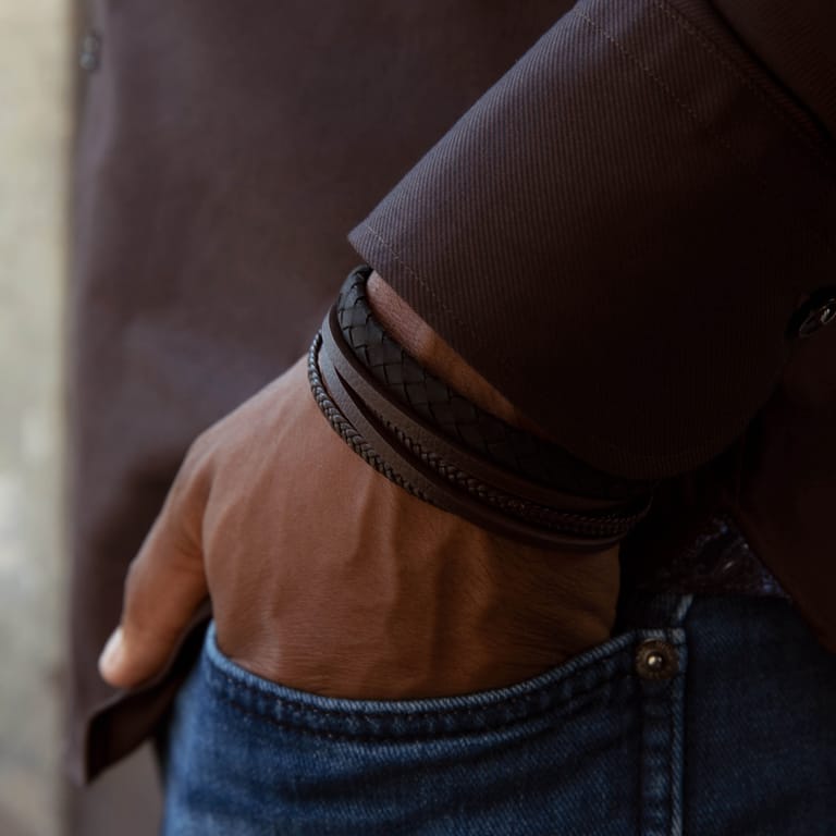 Herrenarmband, Edelstahl, geflochtenes Leder, schwarz