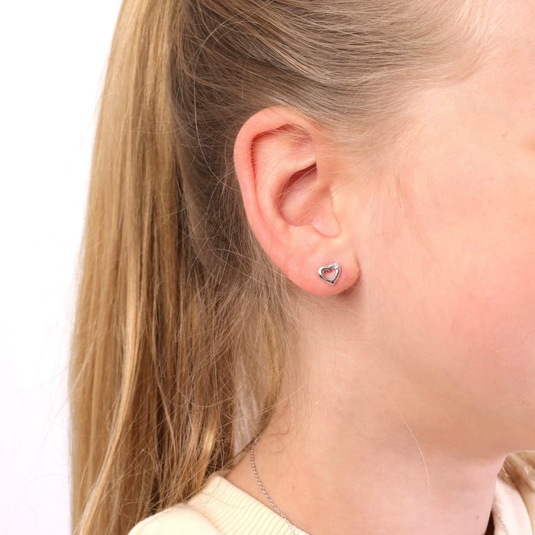 Silberne Kinderohrringe offenes Herz mit Zirkonia