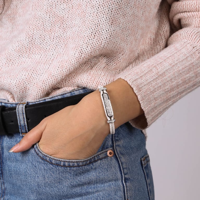 Edelstahl-Plattenarmband mit Leder und weißem Kristall