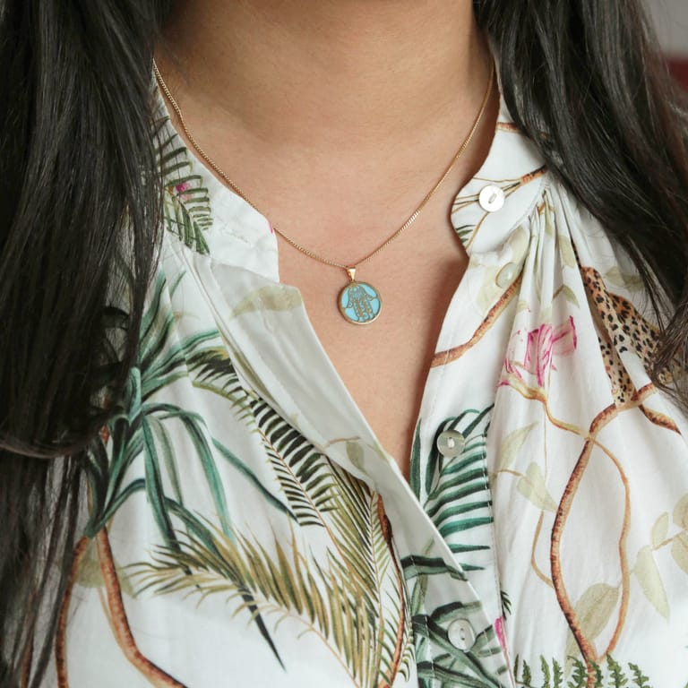 14 Karaat geelgouden hanger hamsa aqua emaille
