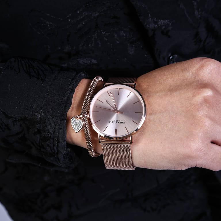 Stalen roséplated cadeauset met horloge met kristal voor dames