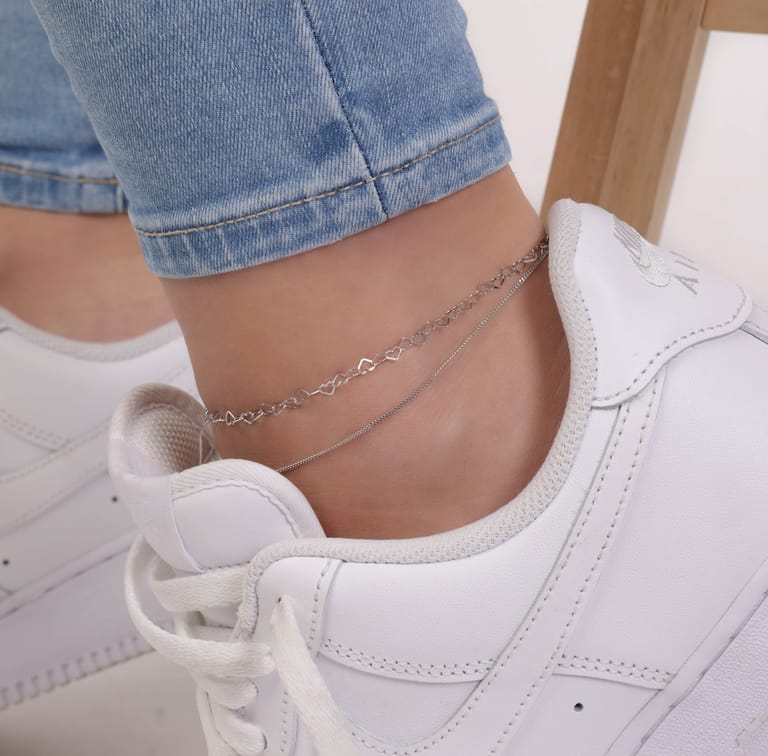 Fußkettchen aus 925 Silber mit doppeltem Herzglied